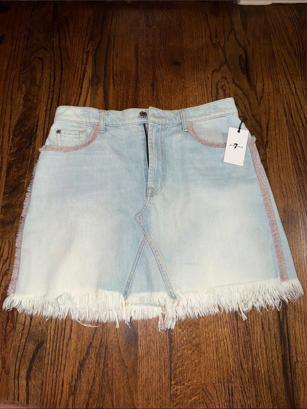 For All 7 Mankind Light Wash Denim Fringe Mini Skirt with Pink Trim